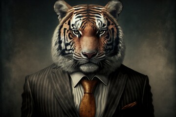 Danger Tiger in a jacket suit on a gray with a butterfly background close up. Animals, serious look, funny safari. Office suit concept. Illustration in high quality. Generative AI