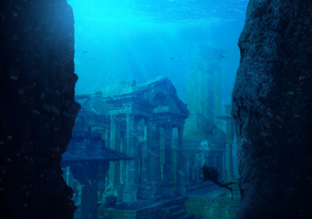A scuba diver discovers the lost city of Atlantis conceptual theme. - obrazy, fototapety, plakaty