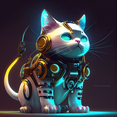 illustration portrait of a white Cat robot. Cyborg white cat from the future. Portrait of a futuristic robot cat. An artistic abstract fantasy. Concept of a cyber cat. mechanical robot Generative AI