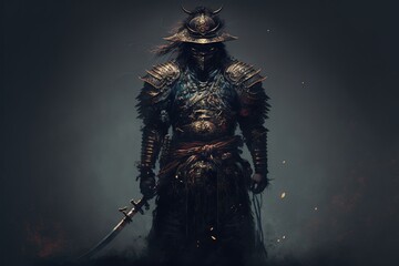 Samurai on a black background. Medieval warrior in a closed helmet, master of sword, fencing, full set of armor. Illustration in high quality. Generative AI