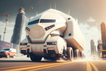 Fototapeta na wymiar abstract futuristic big truck on road, fictional vehicle and location, autonomous cargo transportation, AV cargo truck, Generative AI