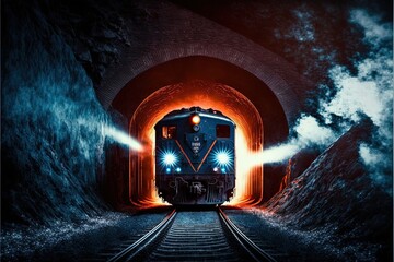 Train Tunnel With Headlights Transportation