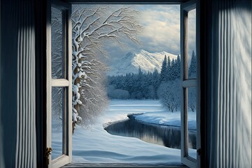 Relax in the room and watch into  window on the snow-covered hills. Lake, snowy forest, winter seasson, low temperature, northern climate, polar pole. Illustration in high quality. Generative AI