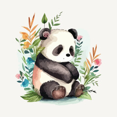 cute doodle a panda with watercolor vector illustration