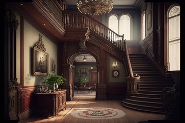 Victorian lobby with grandstand. luxury interior candeo ceiling paintings light colors. High resolution art. Generative of artificial intelligence