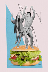 Vertical collage picture of two mini black white gamma excited people dancing huge burger isolated...