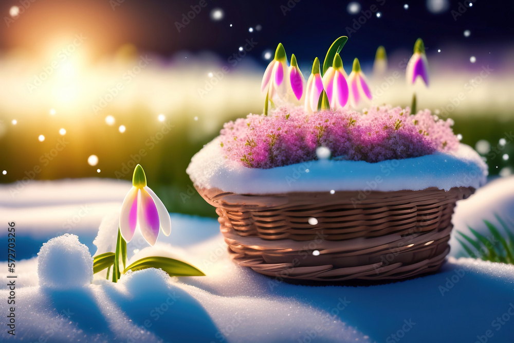 Poster wicker basket with spring first flowers snowdrops on the snow on a bright sunny day. generated ai.