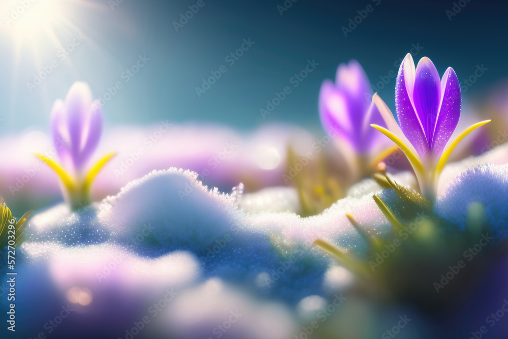 Poster the first spring flowers violet crocuses in snow in nature in the rays of sunlight against blue sky,