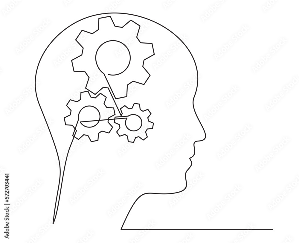 Aufkleber head of a man with gears inside, drawn in one line on a white background. one-line drawing. continuo