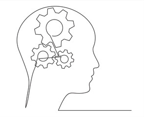 Head of a man with gears inside, drawn in one line on a white background. One-line drawing. Continuous line. Vector