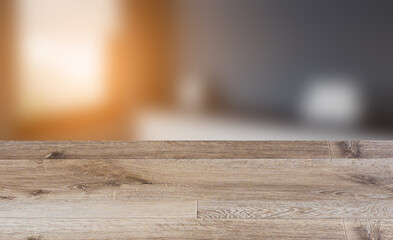 . Sunset., Background with empty wooden table. Flooring.