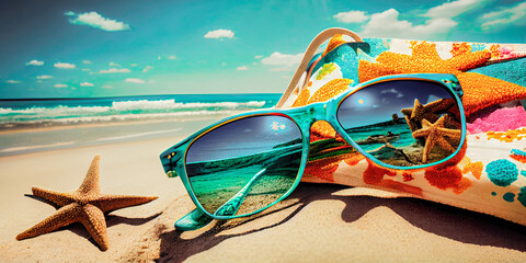 Fototapeta na wymiar Beach accessories, summer colors, summer celebration concept, generative AI