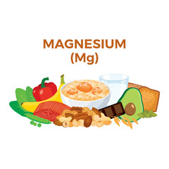 Magnesium (Mg) in food icon vector. Magnesium food sources vector illustration isolated on a white background. Nuts, oat, seeds, chocolate, avocado vector. Pile of healthy fresh food drawing