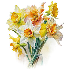Delicate spring watercolor daffodils bouquet PNG on transparent background. Daffodils flowers with stem and leaf. Spring botanical illustration. Isolated on transparent background. Generative AI