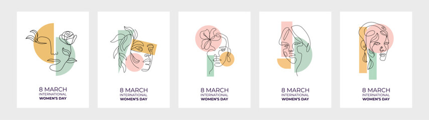 8 March set with woman face. Modern abstract line minimalistic women faces arts set with different shapes for wall decoration, postcard or brochure cover design. Different woman faces
