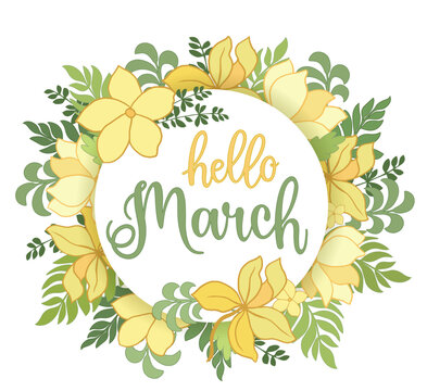 Handwritten, hello march, lettering message, design for cards, banners, posters.