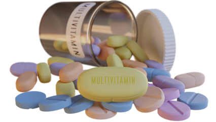 Pills bottle and Multivitamin text on PNG Transparent background. Health, medication use and medicine concept.	