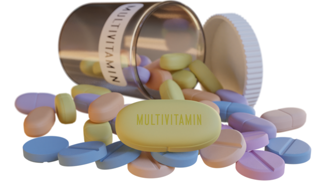 Pills bottle and Multivitamin text on PNG Transparent background. Health, medication use and medicine concept.	 - Powered by Adobe