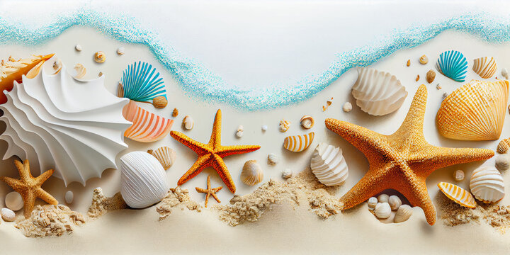 Colorful shells on sand beach close-up, summer celebration concept, Generative AI