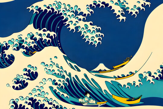 Japanese style art waves painting created with generative ai