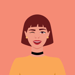 Young woman is winking. Avatar. Portrait. Human emotions. Playful. Funny. Support. Female. Flat style