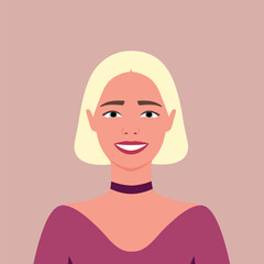 Young blonde woman is smiling. Avatar. Portrait. Human emotions. Happiness. Joy. Female. Flat style