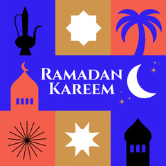Vector illustration with geometric icons for Ramadan Kareem holidays. Banner with Islamic symbols.