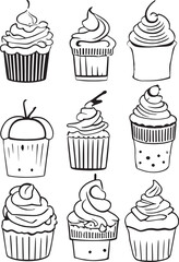 Set of black and white graphic drawings of cupcakes with various types of toppings from fruits, candy and sweets. Colored in pastel colors. Looks delicious and interesting