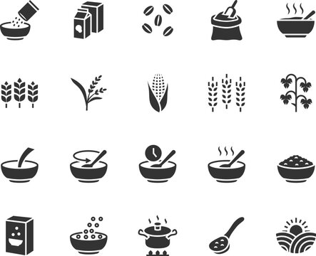 Vector set of cereals flat icons. Contains icons porridge, cereal flakes, oatmeal, wheat, buckwheat, corn, barley, rice, flour and more. Pixel perfect.