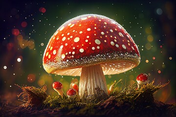 fly agaric in the sun in the forest Generative AI - obrazy, fototapety, plakaty