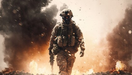 Soldier with Explosion in Background. Post-produced generative AI digital illustration.