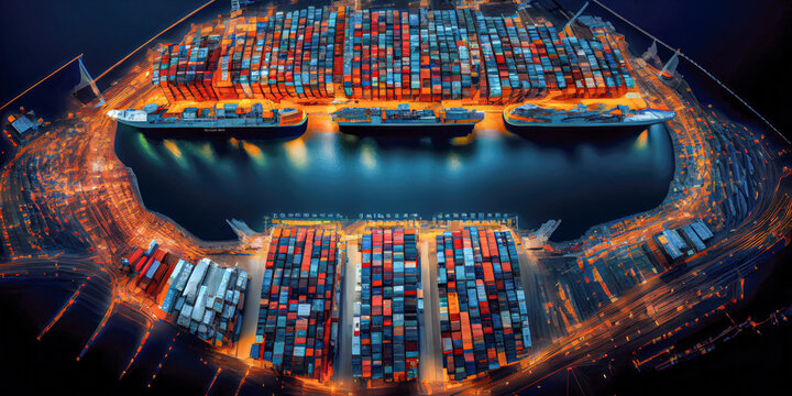 container ship with world map digital network, shipping import export transportation, industry concept, Generative AI
