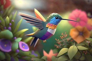 Cute Cartoon Hummingbird with Flowers (Created with Generative AI)