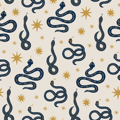 Magic seamless pattern with snakes and stars on beige background