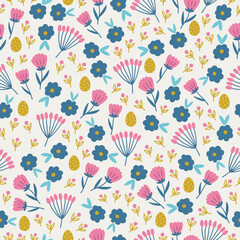 Easter seamless pattern with colorful flowers and eggs. Vector illustration