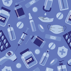 Medicine, pharmacy, hospital seamless pattern drugs, pills, syringe, hand sanitizer. Medication, pharmaceutics, illness, health concept. Vector illustration isolated on background