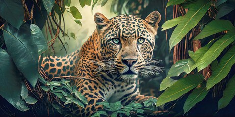 leopard in the jungle, concept Animals  - obrazy, fototapety, plakaty