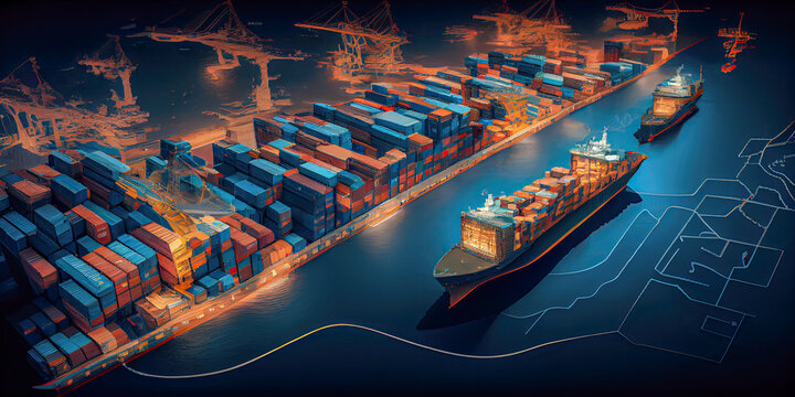 container ship with world map digital network, shipping import export transportation, industry concept, Generative AI