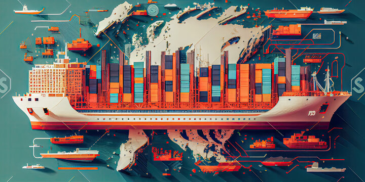 container ship with world map digital network, shipping import export transportation, industry concept, Generative AI