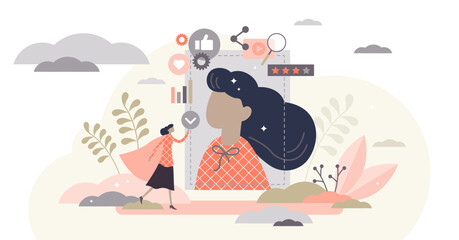 Personal branding influencer marketing concept, flat tiny person illustration, transparent background. Creative personality building community around original content and giving life.