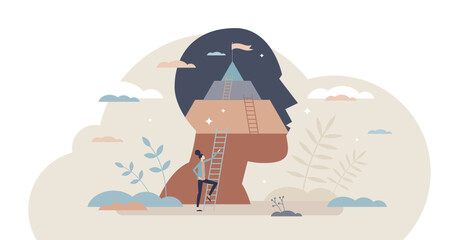 Positive thinking and success attitude or target mindset tiny person concept, transparent background. Optimistic behavior or determination to reach psychological self acceptance.