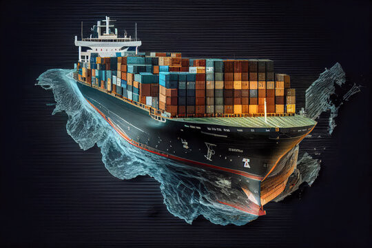 container ship with world map digital network, shipping import export transportation, industry concept, Generative AI