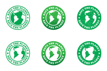 Save the planet icon. Round badge with lettering. Flat vector illustration.