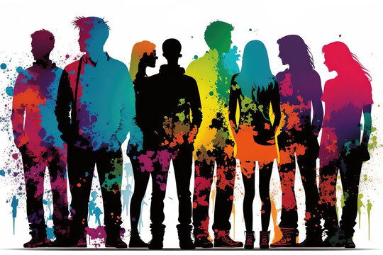 silhouettes of people, families, children and adults, with bright colors. ia generate