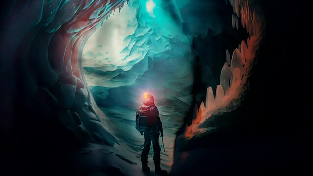 An explorer discovers an ice cave in Antarctica. It holds many secrets. Alien technology or advanced civilizations from millennia ago. 3D Looping Background