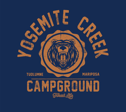 College campground and bear varsity slogan for t-shirt. Varsity vintage graphics.