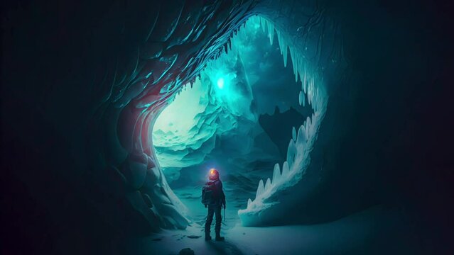 3D Looping clip of an explorer discovers an ice cave in Antarctica. It holds many secrets. Alien technology or advanced civilizations from millennia ago.