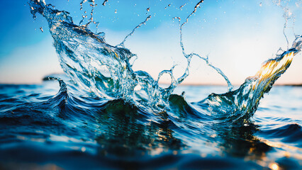 water splash on the ocean surface, Blue transparent water splashes and drops