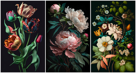 Lush vintage floral art wallpaper panel collection with peony and tulip Generative AI
