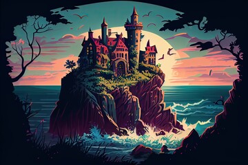 Fototapeta na wymiar Generative AI illustration of enchanted castle on a cliff, a fairytale scene